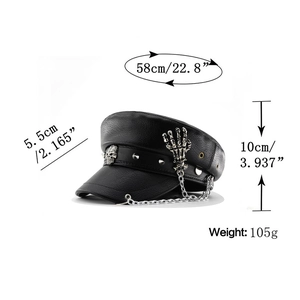 Flat top biker hat size details: 58cm circumference, 5.5cm brim, and 10cm height info