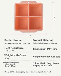 Detailed size chart for 4-cell silicone ice cube mold with 100ml capacity and measurements
