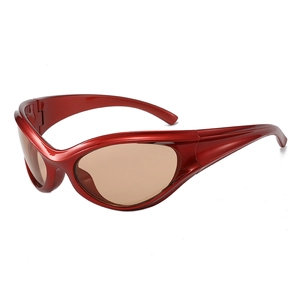 Y2K futuristic sports sunglasses with red frame and brown lenses shown at 45-degree angle
