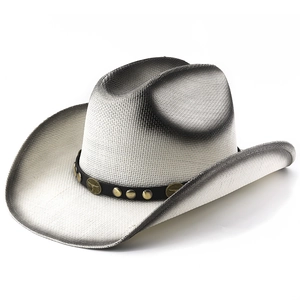 Zweifarbiger Western-Strohhut mit schwarzem Band und Bullenkopf-Emblem für Damen und Herren