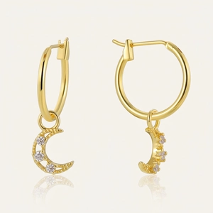 Gold Plated Copper Crescent Moon Zirconia Hoop Earrings For Women Minimalist Dainty Hollow Out Drop Earrings Fashion Jewelry