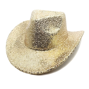 Sparkling gold sequin western cowboy hat with wide brim for festive party and stage wear