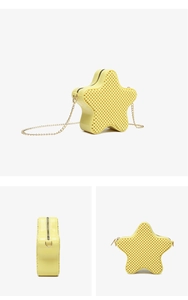 Three-angle detail of yellow star PVC bag with bubble texture and gold chain strap