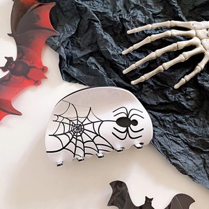 Halloween spider web hair claw clip in white acetate with spooky decorative props