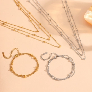 Three-layer stainless steel beaded chain necklace and bracelet jewelry set in gold and silver