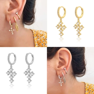 Sparkling S925 sterling silver cross drop earrings set with brilliant white zircon stones