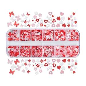 12-grid box with pearlescent heart, butterfly and flower nail art sequins in pink and white