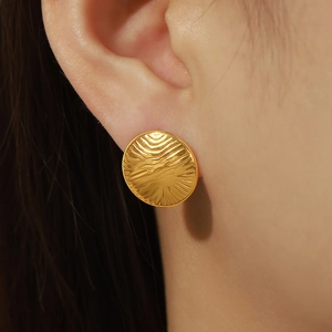 Chic 18K gold plated stainless steel wave texture round stud earrings for women