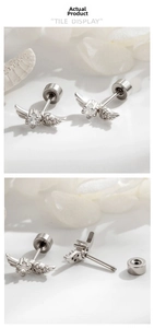 Detail of wing-shaped zircon earrings featuring secure screw-back fastening and silver finish
