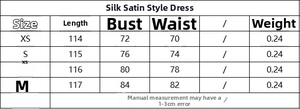 Size guide table for satin lingerie dress with measurements for XS, S, M, and L sizes