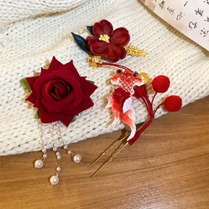 Elegant Chinese style velvet rose hair clip with white pearl tassels and embroidery