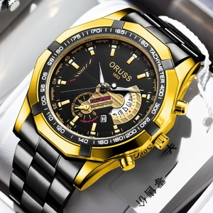 Business luxury men's waterproof watch in gold and black stainless steel with tachymeter