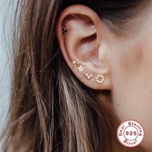 S925 sterling silver gold stud earrings set featuring star and heart designs on model