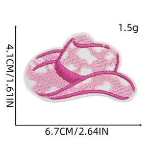 Detailed view of pink cow print cowboy hat embroidery patch with size measurements