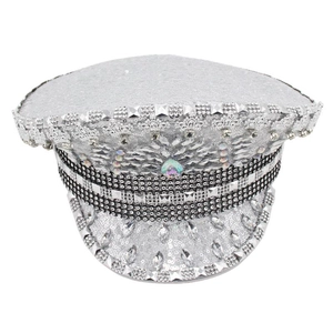 Detail of silver captain hat with sparkling rhinestones and sequins for festival parties