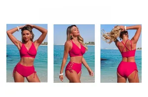 Detail of rose red two-piece bikini with twist bandeau top and high-waisted lace-up bottoms