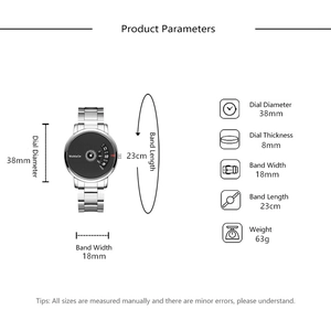Technical measurement diagram of a rotating dial steel band watch with dimensions.