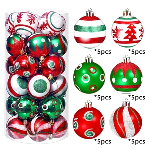 Close-up of 30pcs red green and white patterned Christmas ball ornaments with glitter finish