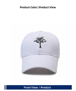 Detailed front view of white cotton baseball cap with black tree embroidery design