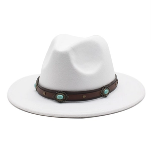 Chapeau Fedora À Bord Large Feutre Jazz Cap Bande De Cuir Turquoise Rivets Style Cowboy Occidental Bohème Femmes Hommes