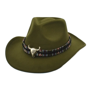 Sombrero de vaquero de fieltro de lana oliva con adorno de cabeza de toro metal