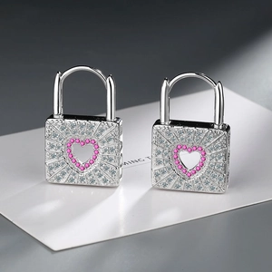 Silver heart padlock earrings with pink zircon stone and radiant crystal stones inlay