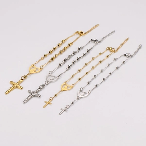 Bracelets chapelet en acier inoxydable 304 doré et argenté avec pendentifs cœur et croix