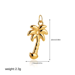 Detail view of 18K gold palm tree pendant with dimensions 25mm height and 13mm width