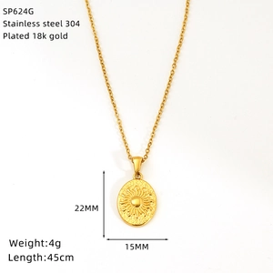 Detailed specs of sun pendant necklace in 18k gold plated stainless steel