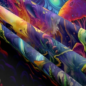 Close-up of psychedelic mushroom tapestry fabric showing vibrant prints and soft texture