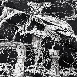 Bohemian skull and mushroom print tapestry with intricate dark art web patterns