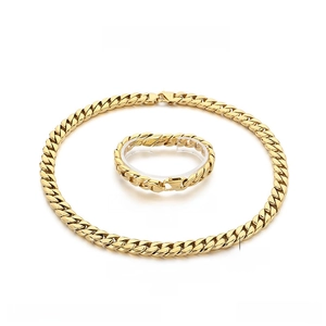 Detailed view of 12mm gold stainless steel Cuban chain necklace and bracelet set