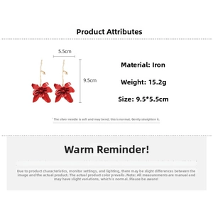 Detailed spec sheet for red floral earrings showing dimensions of 9.5x5.5cm and iron material