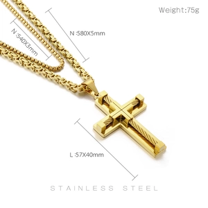 Detailed specs of double-layer gold stainless steel cross necklace with chain dimensions