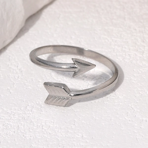 Minimalist silver stainless steel open ring featuring a unique double arrow design