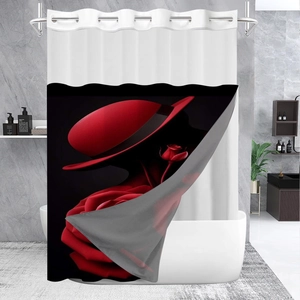 Detail of waffle-weave shower curtain featuring red hat and rose pattern with metal rings