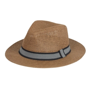 Cappello fedora classico in paglia marrone con nastro a quadretti bianchi e neri su bianco