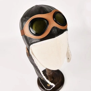 Black leather pilot hat with white fleece lining and vintage goggles for kids warm headwear