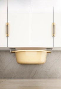 Modern wall-mounted stainless steel washbasin rack shown in a minimalist bathroom setting