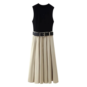 Women's sleeveless pleated maxi dress with contrast bodice and gold buckle belt