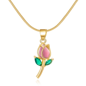 Elegant gold tulip pendant necklace with pink flower and green leaves on a snake chain
