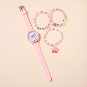 Coffret montre rose pour fille avec bracelets en perles et breloques étoiles