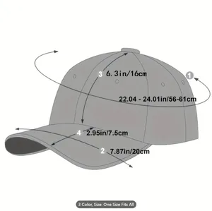 Detailed size chart showing baseball cap dimensions including head circumference and brim size