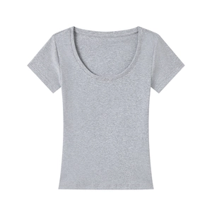 Detailed view of grey scoop neck T-shirt fabric texture and stitching on flat lay