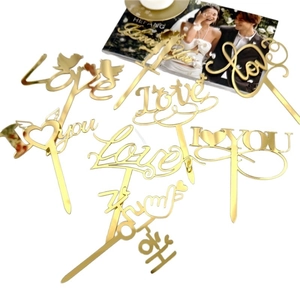 Golden mirror acrylic Love cake toppers set for wedding and Valentine's Day decorations