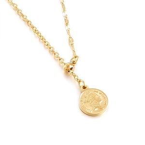 Polished gold coin pendant necklace with dual-style chain and adjustable slider bead