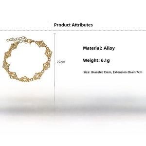 Detail view of gold hollow heart cloud bracelet with alloy material and 6.1g weight info