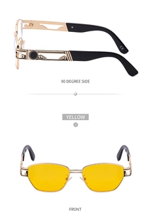 Macro detail of steampunk sunglasses with golden metal frames and retro embossed patterns