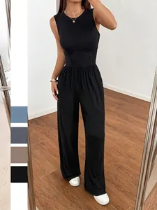 Women Sleeveless Wide Leg Jumpsuit High Waist Slim Ribbed Knit Polyester Elastane Solid Color Casual Vacation Streetwear