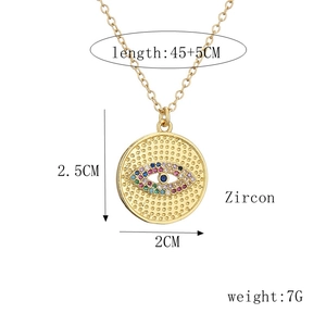 Gold evil eye necklace with colorful zircon inlay and detailed size measurements